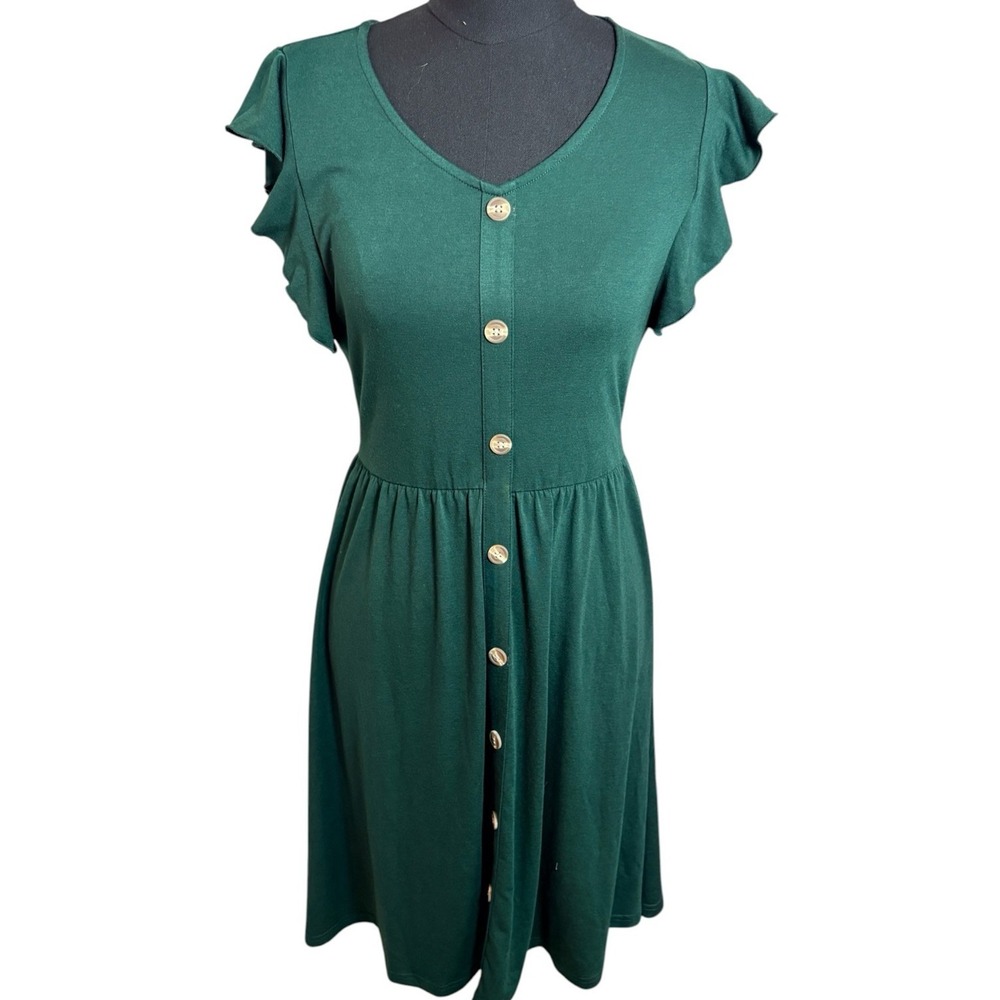 Emerald Green Button Front Dress Flutter Sleeve Cottagecore Casual M‎